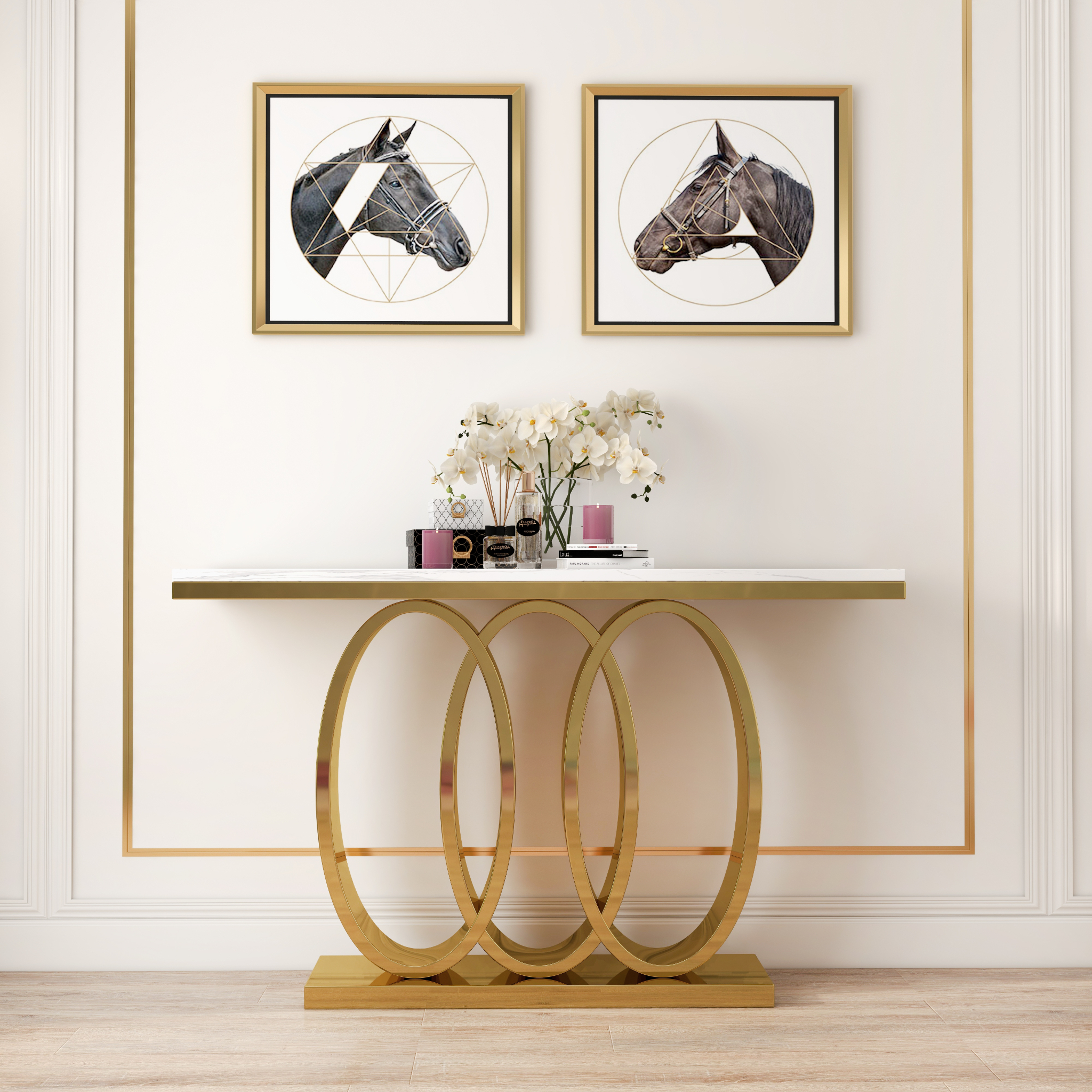 HMR - 47.2" Narrow Console Table with Faux Marble Top in White
