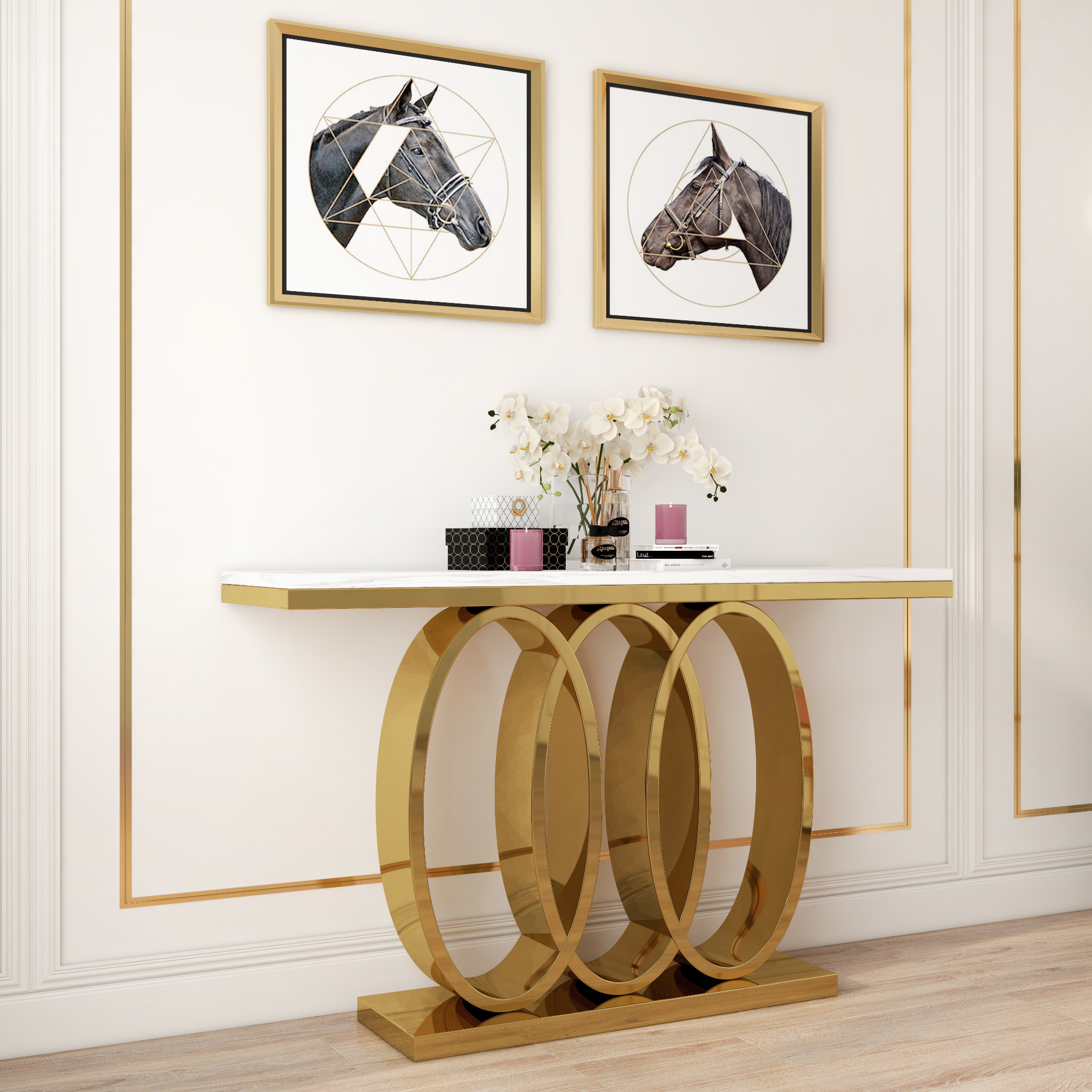 HMR - 47.2" Narrow Console Table with Faux Marble Top in White