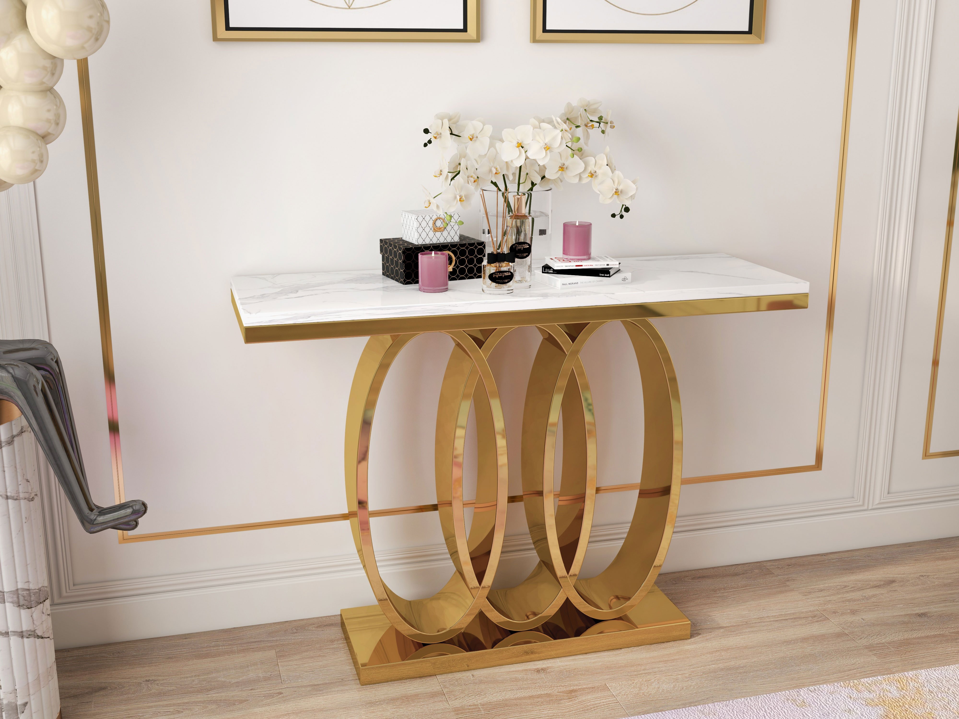 HMR - 47.2" Narrow Console Table with Faux Marble Top in White