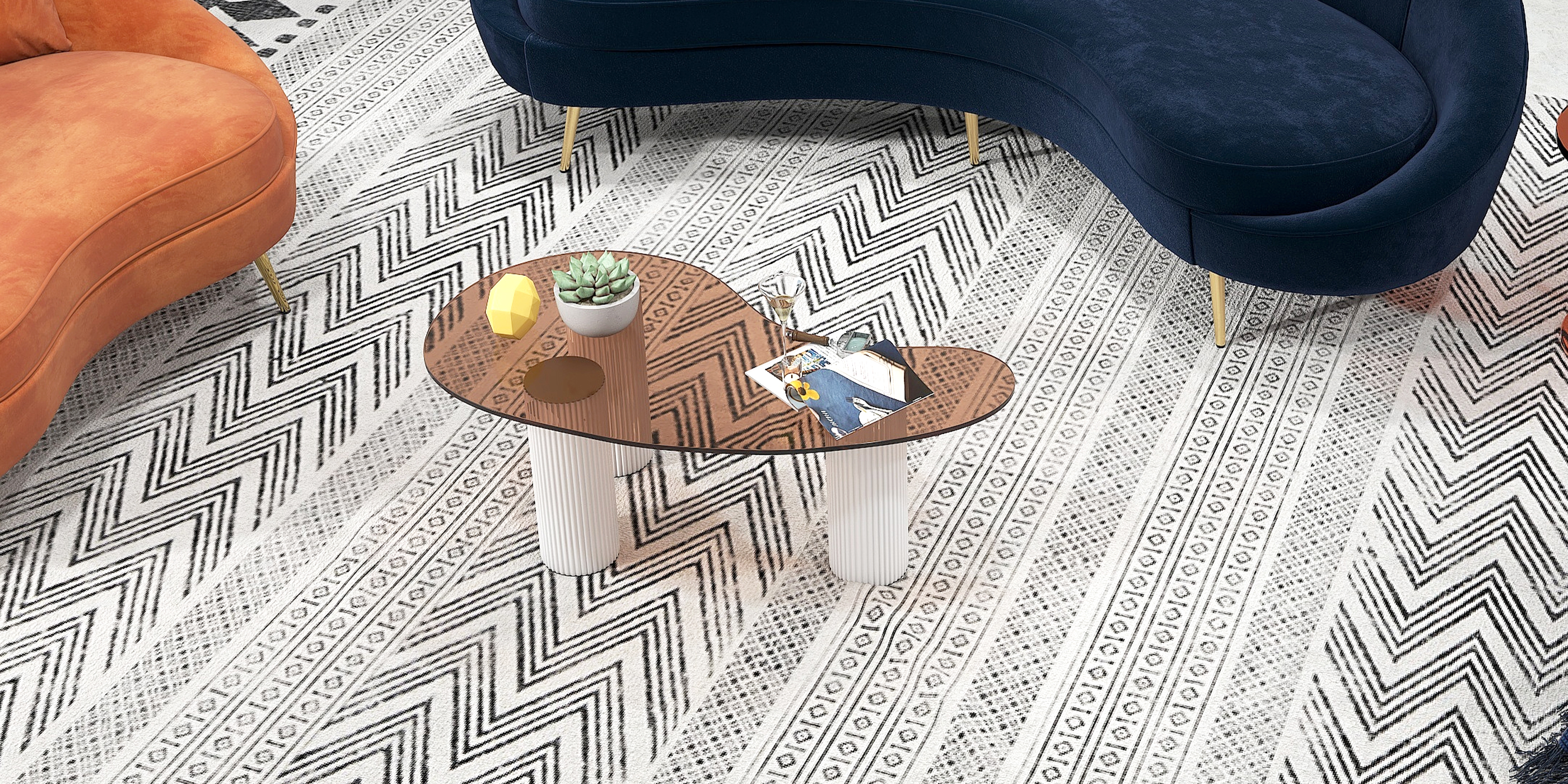 HMR Modern Coffee Table with Tempered Glass & 3 Legs - White