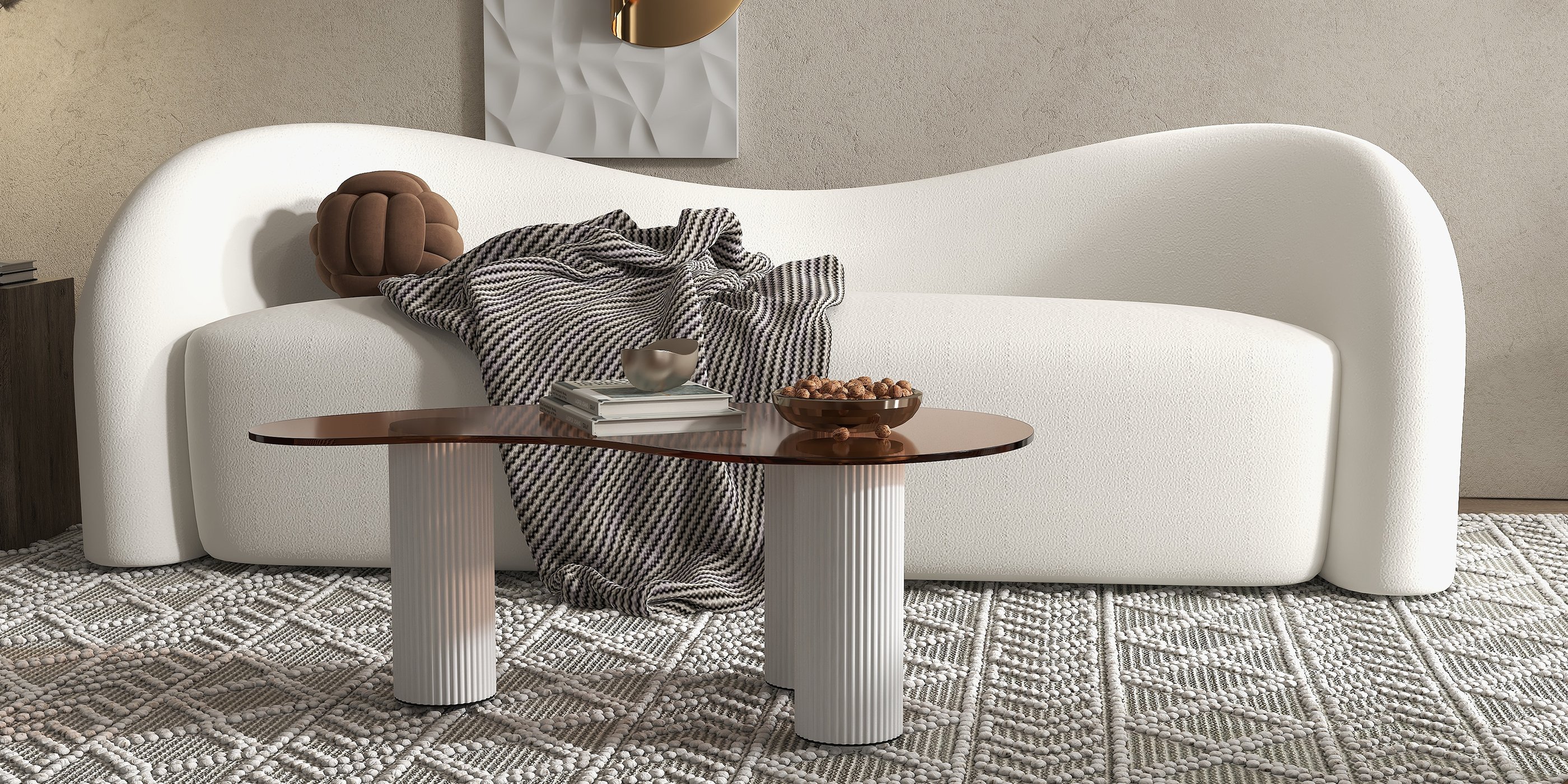 HMR Modern Coffee Table with Tempered Glass & 3 Legs - White
