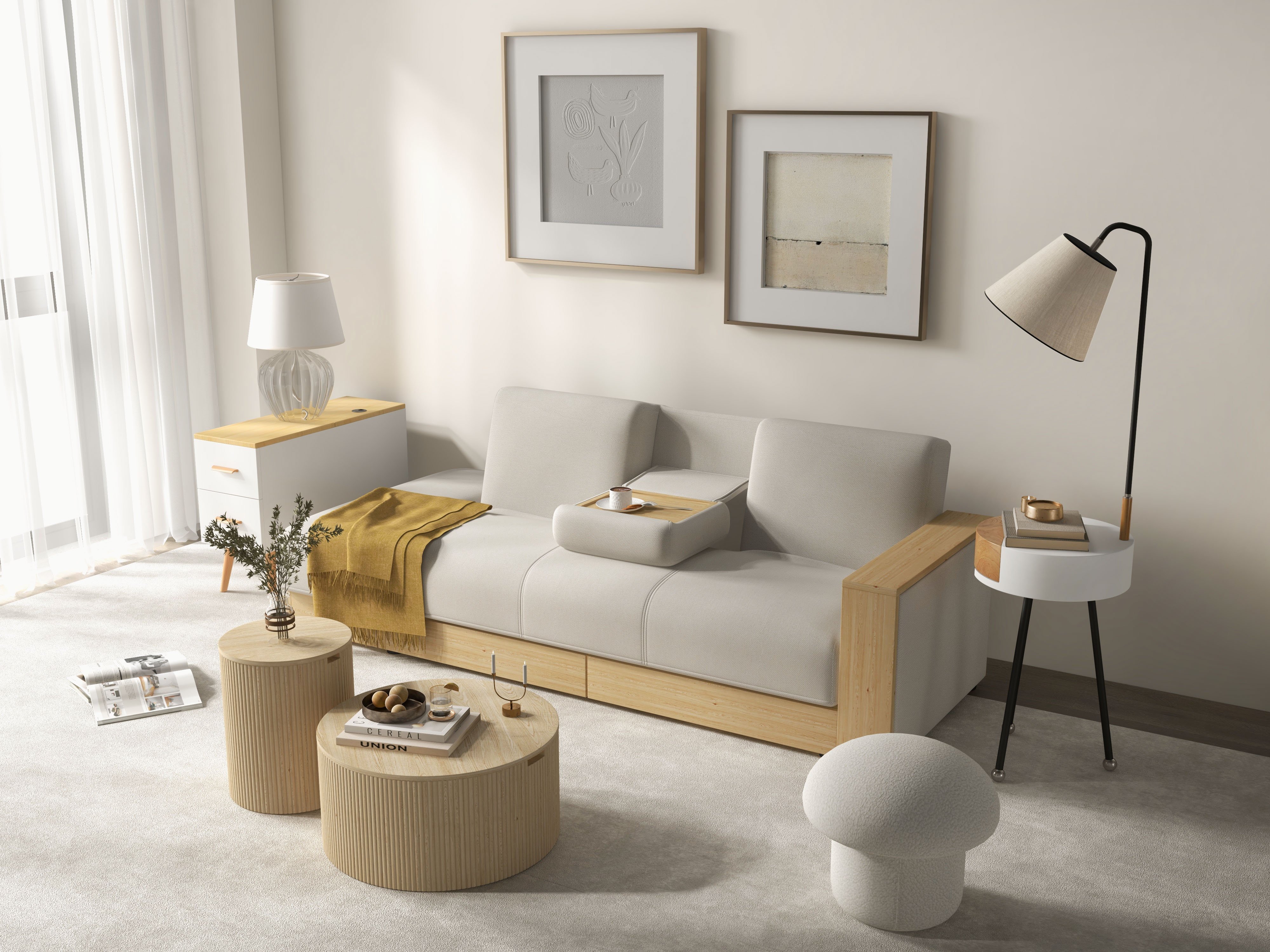 HMR Modern Rectangle End Table with Drawers - Natural