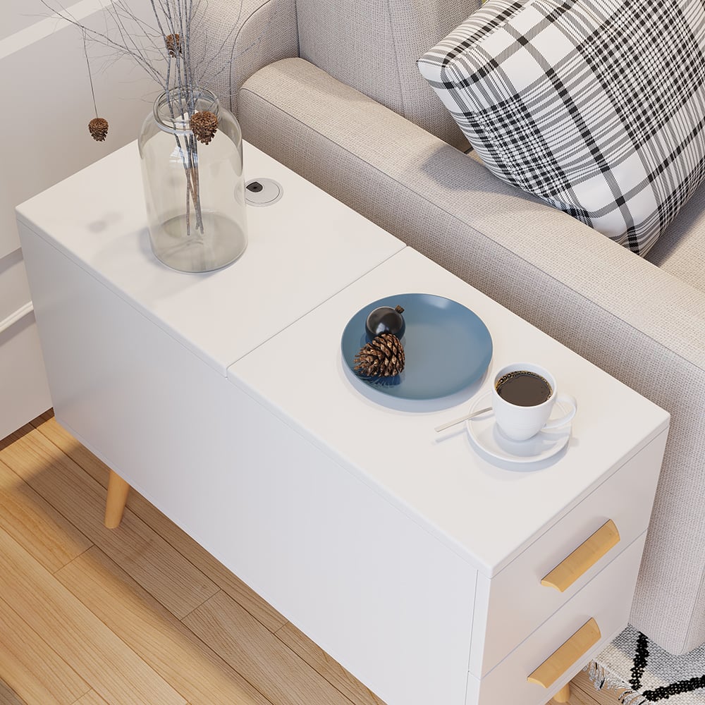 HMR Modern Rectangle End Table with Drawers - White