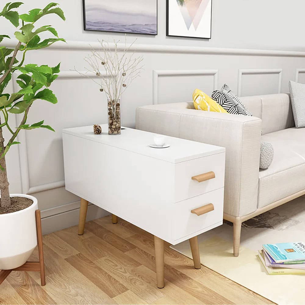 HMR Modern Rectangle End Table with Drawers - White