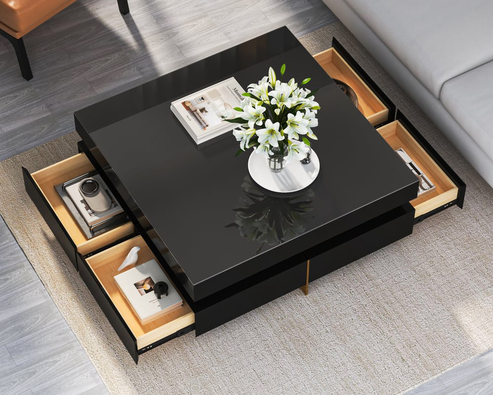 HMR Modern Square Coffee Table with Drawers - Black, Tempered Glass
