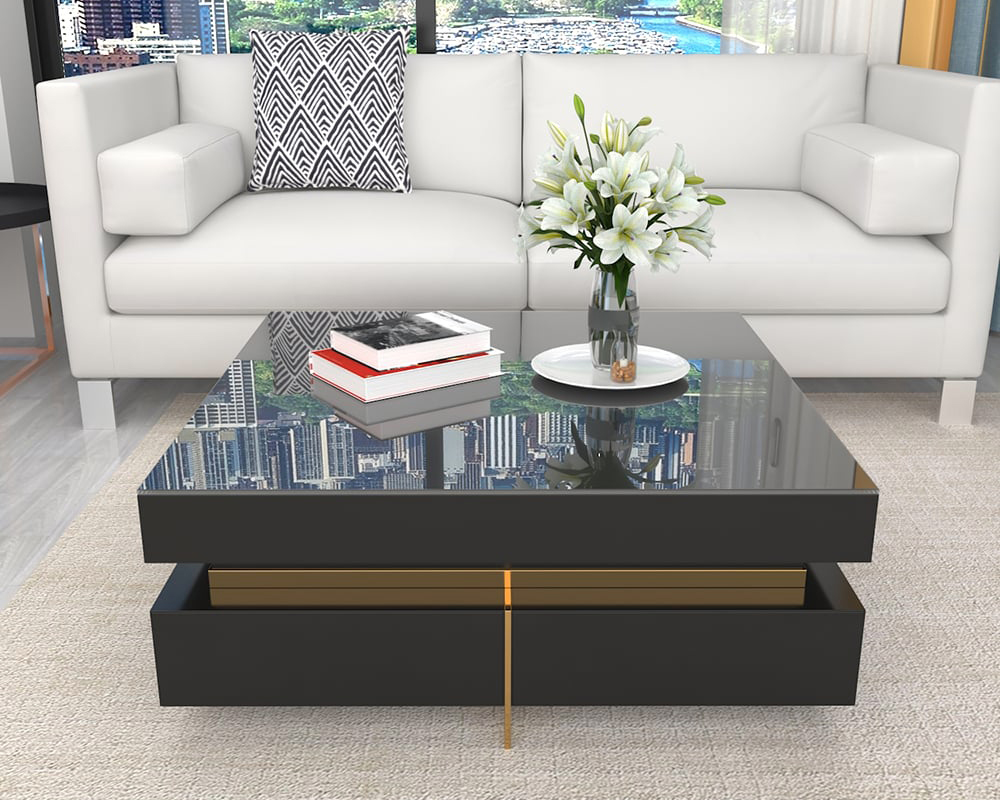 HMR Modern Square Coffee Table with Drawers - Black, Tempered Glass