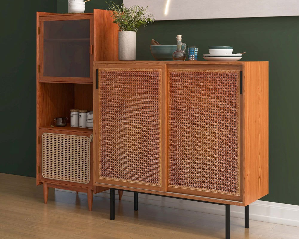HMR - Modern Sideboard Storage Cabinet with Sliding Doors and 1 Shelves in Natural