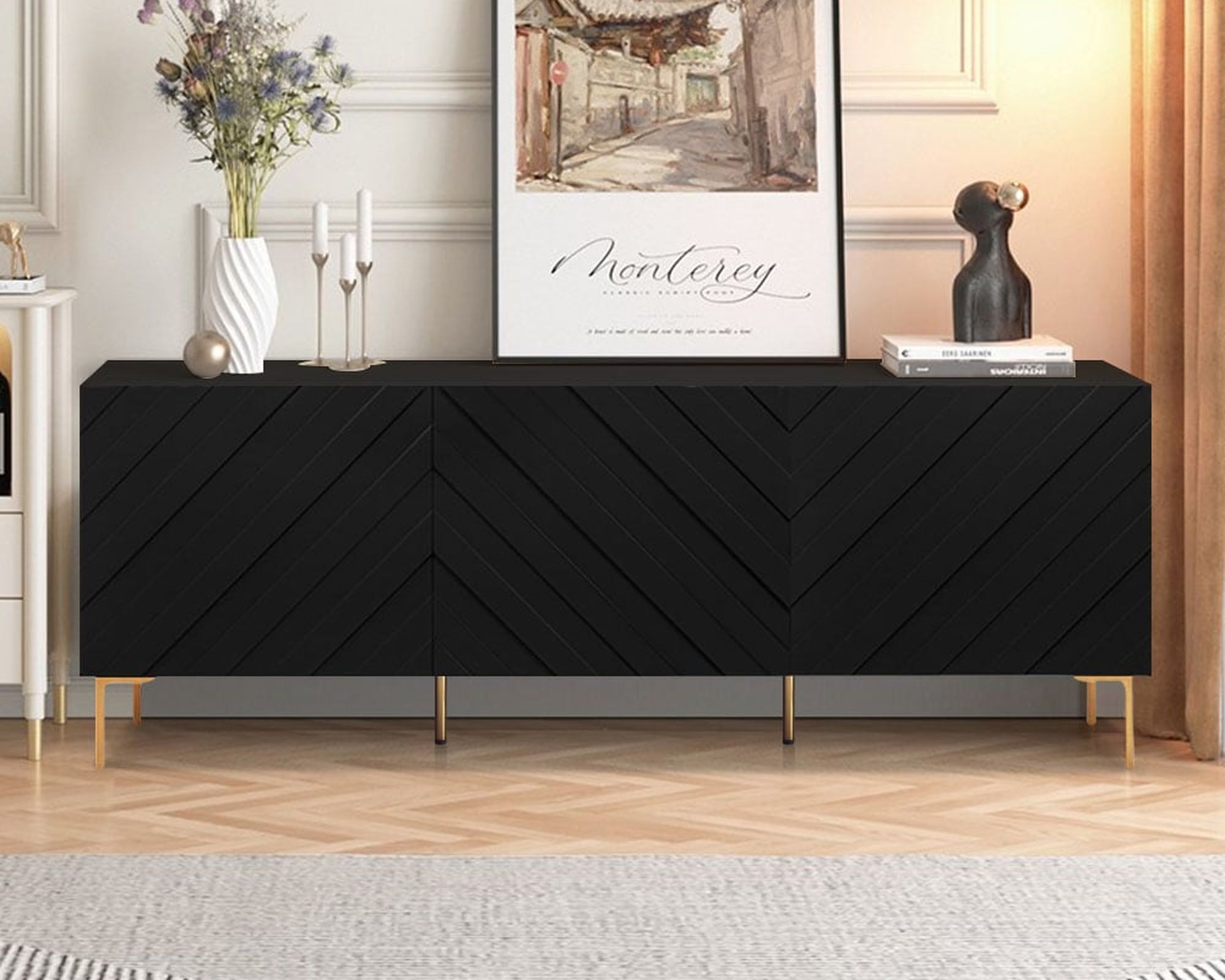 HMR - Modern Buffet with Gold Legs and 3 Doors 70.9" in Black