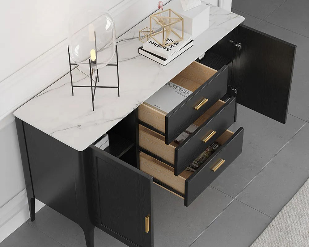 HMR Modern 63" Sideboard Buffet with Top Drawers/Doors - Black, Sintered Stone