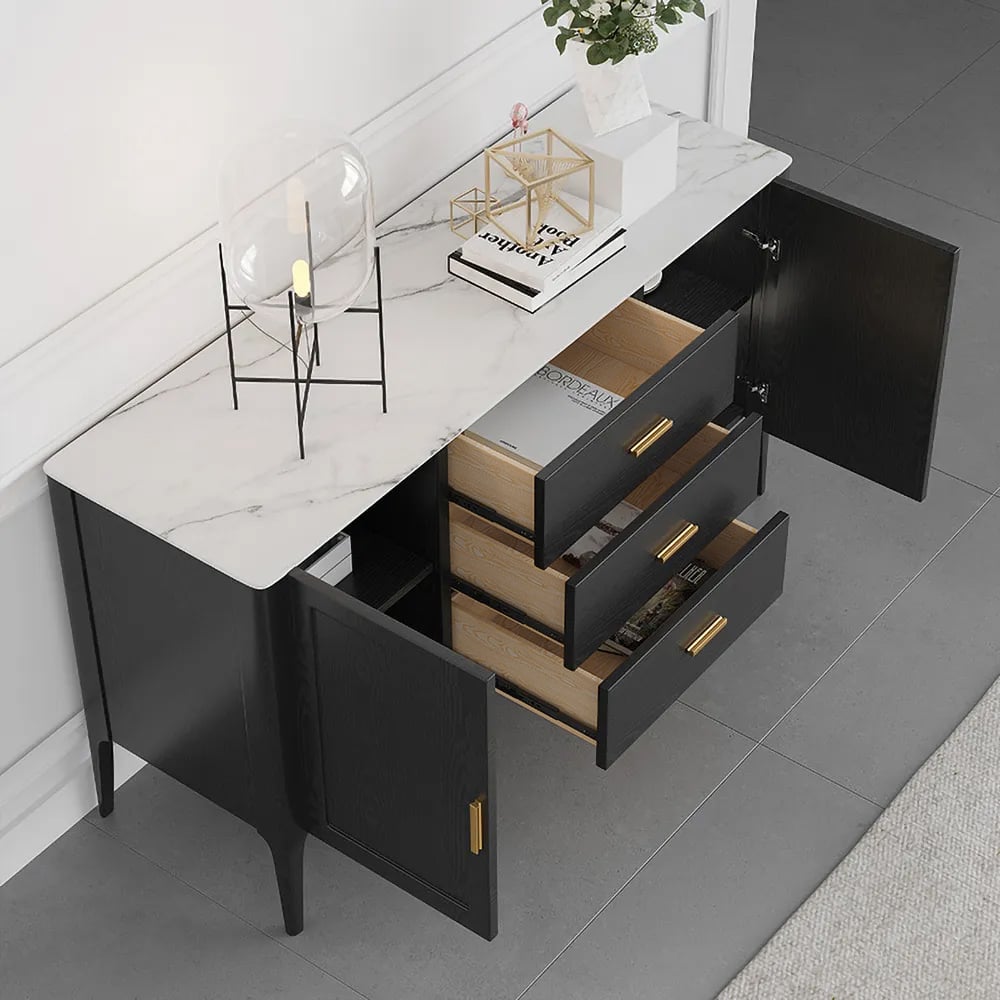 HMR Modern 47" Sideboard Buffet with Top Drawers/Doors - Black, Sintered Stone