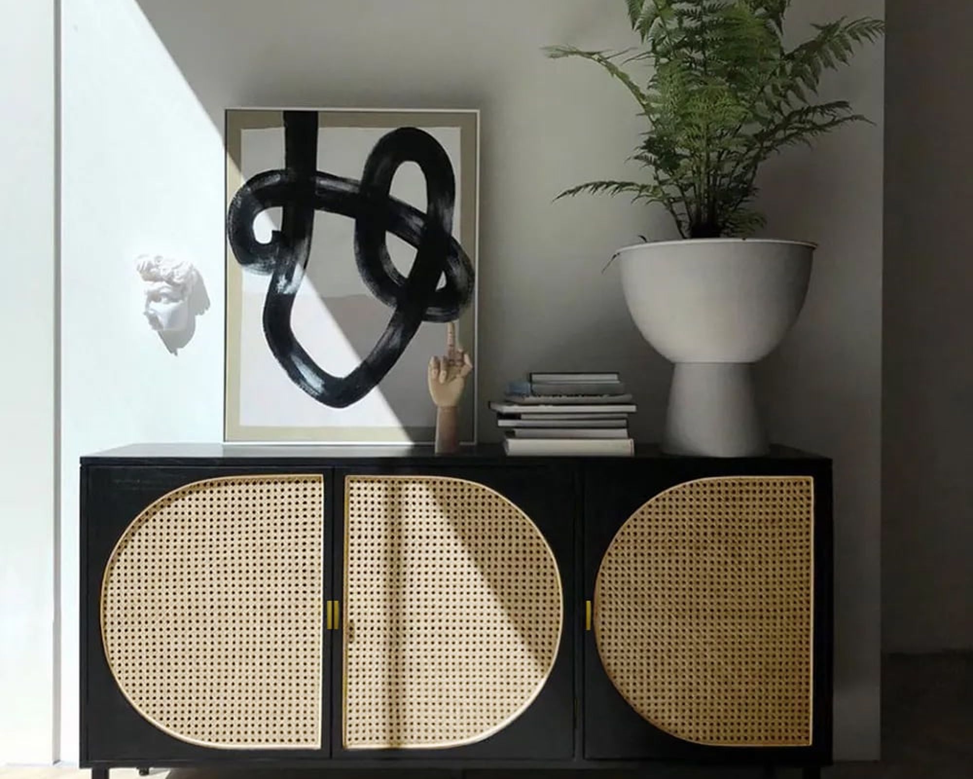 HMR - Rectangular Rattan Storage Sideboard with 3 Doors 63" in Black