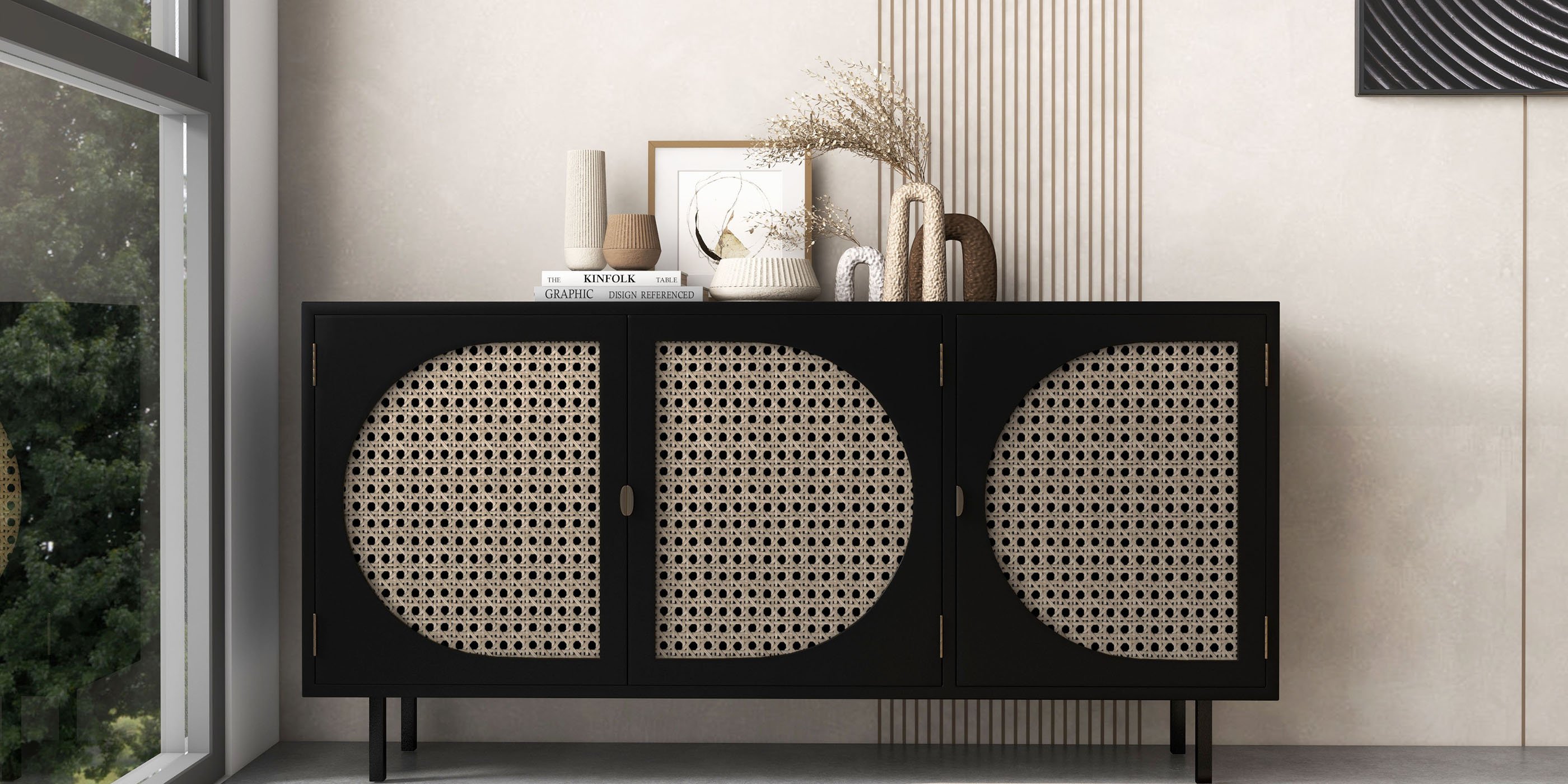 HMR - Rectangular Rattan Storage Sideboard with 3 Doors 63" in Black