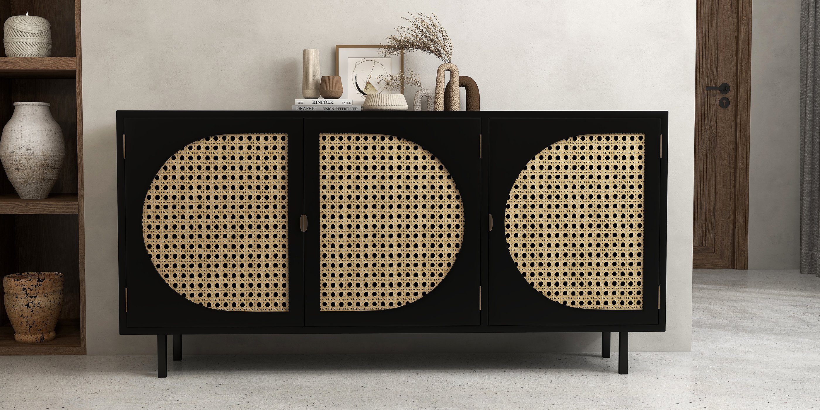 HMR - Rectangular Rattan Storage Sideboard with 3 Doors 63" in Black