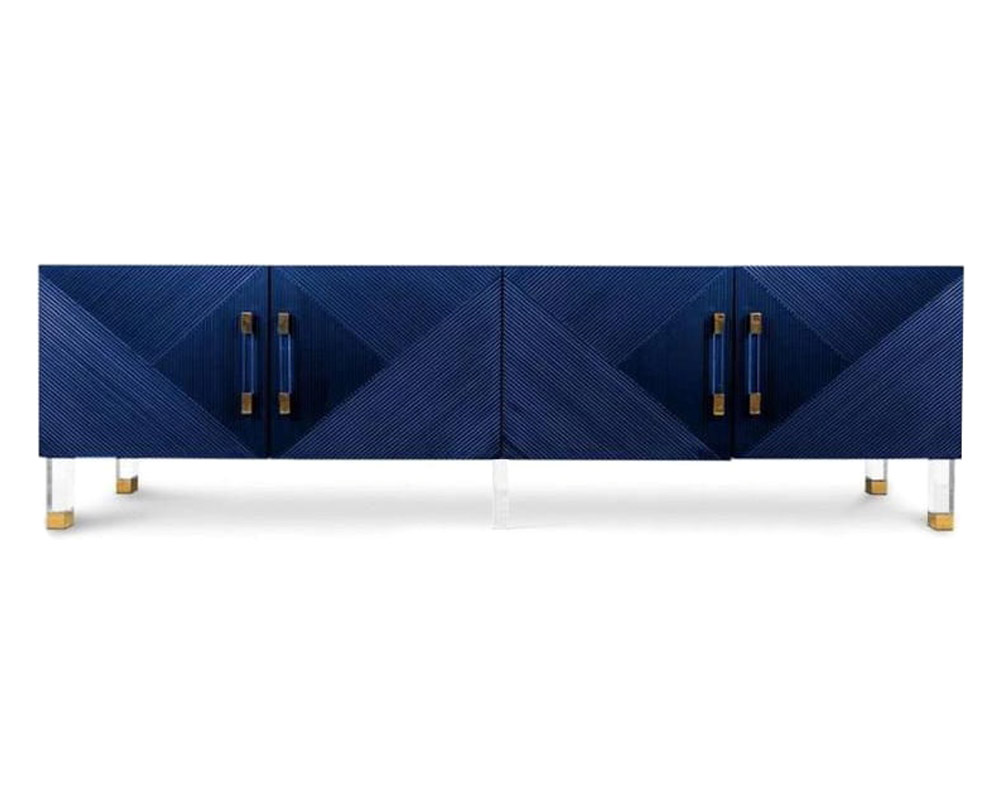 HMR Modern TV Stand with 4 Doors - Blue, Wood/Acrylic