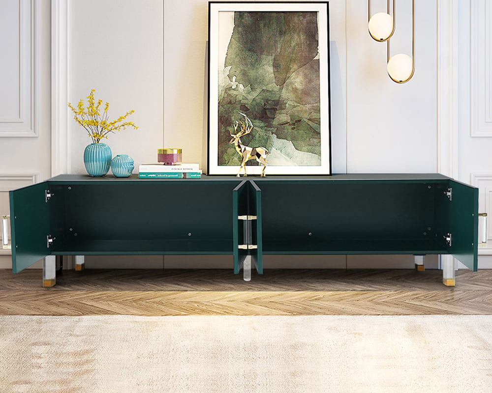 HMR Modern TV Stand with 4 Doors - Green, Wood/Acrylic