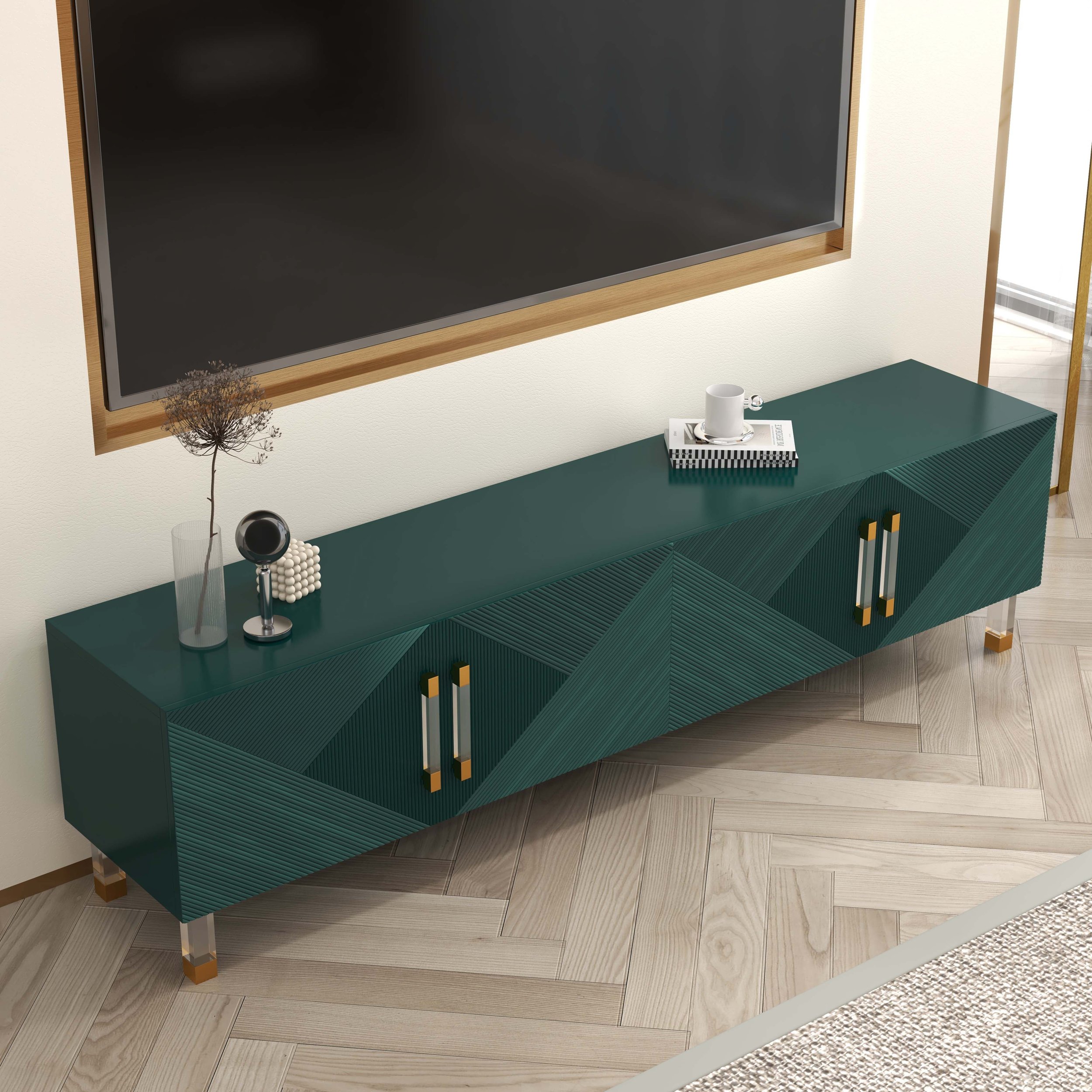 HMR Modern TV Stand with 4 Doors - Green, Wood/Acrylic