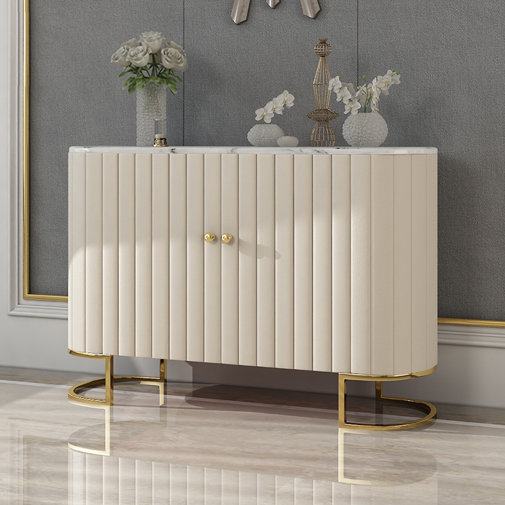 HMR - Epaule PU Leather Cabinet with Doors and Drawers in Off-White