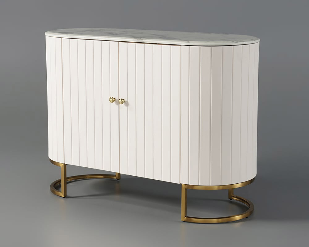 HMR - Epaule PU Leather Cabinet with Doors and Drawers in Off-White