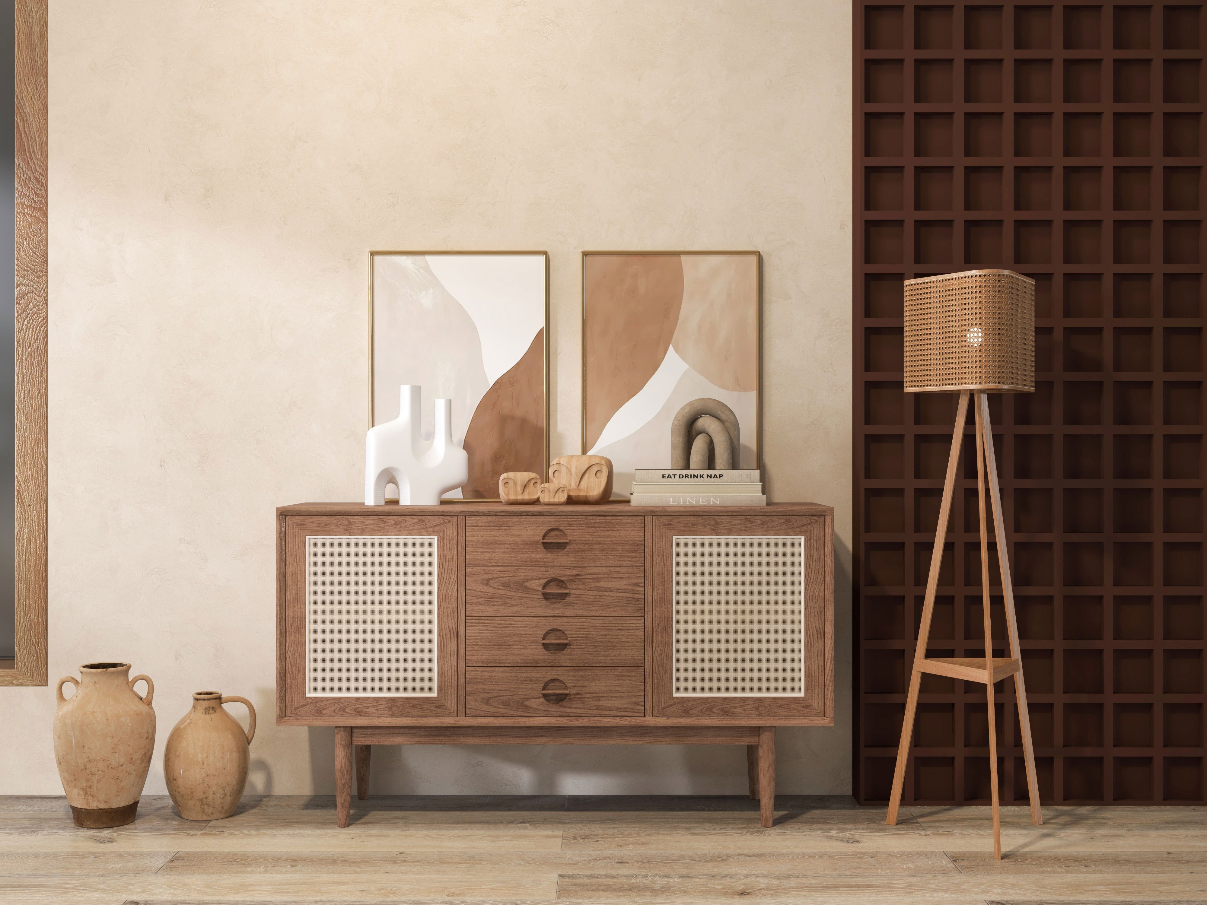 HMR - Cottage Rattan Sideboard Buffet with 2 Doors 4 Drawers 55" in Walnut