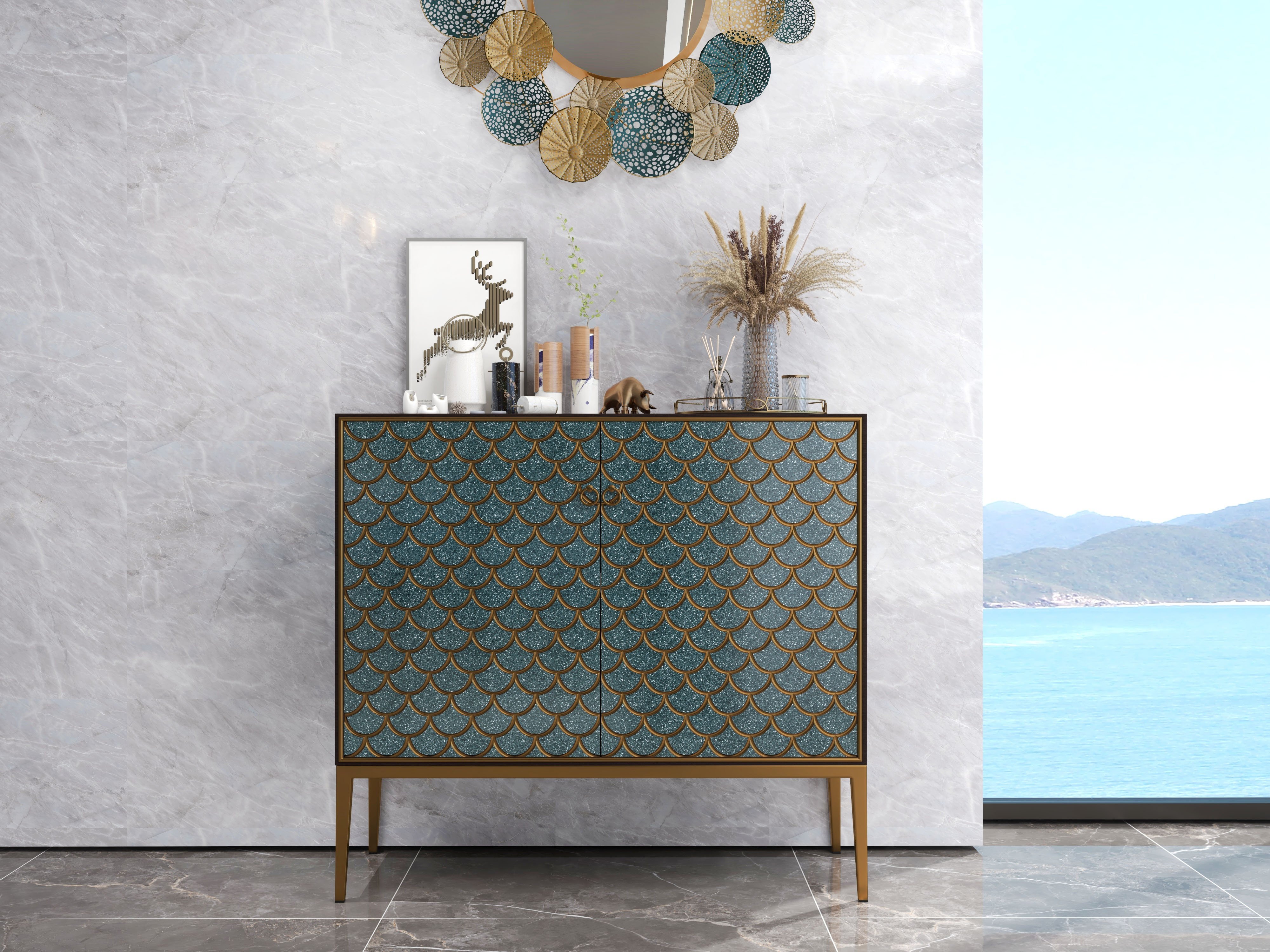 HMR Modern 39" Sideboards Buffet with Doors & Shelves - Blue