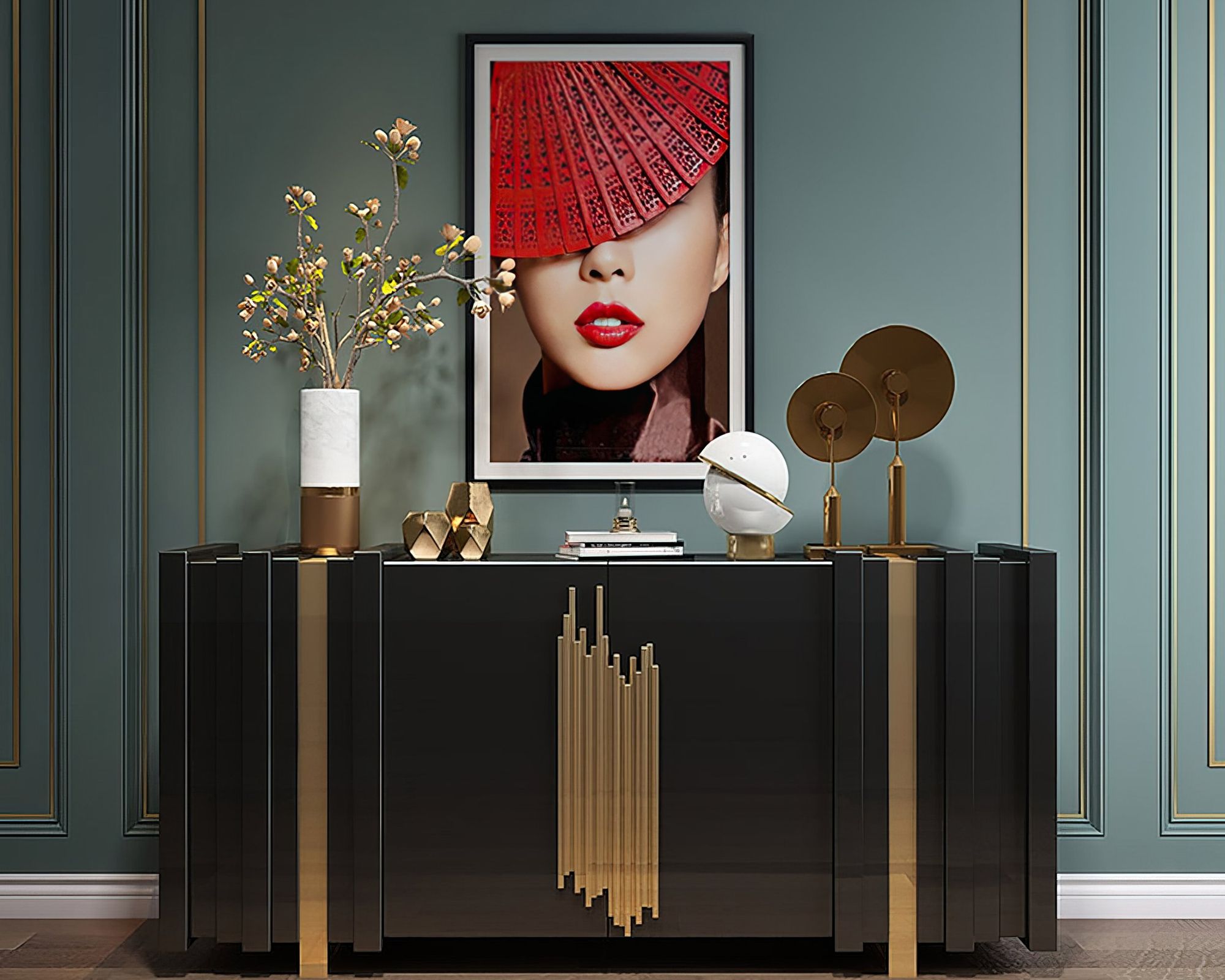HMR Aurea Series 63" Rectangular Sideboard Buffet with 2 Doors & 2 Shelves - Black/Gold
