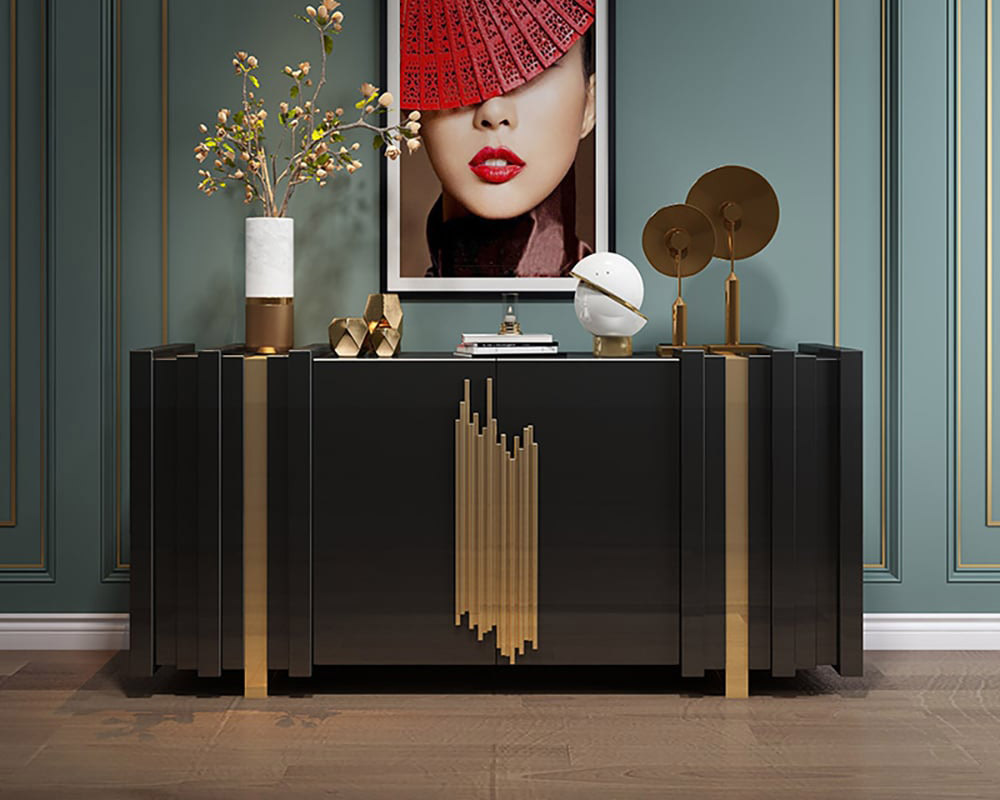 HMR Aurea Series 63" Rectangular Sideboard Buffet with 2 Doors & 2 Shelves - Black/Gold