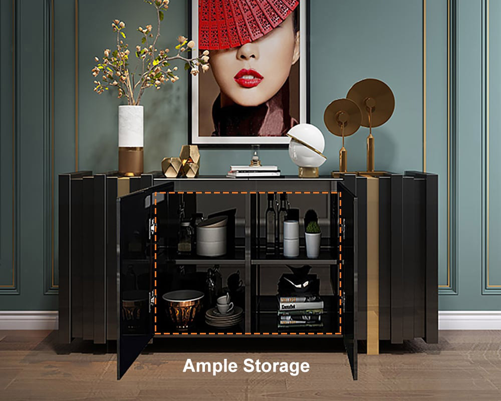 HMR Aurea Series 63" Rectangular Sideboard Buffet with 2 Doors & 2 Shelves - Black/Gold