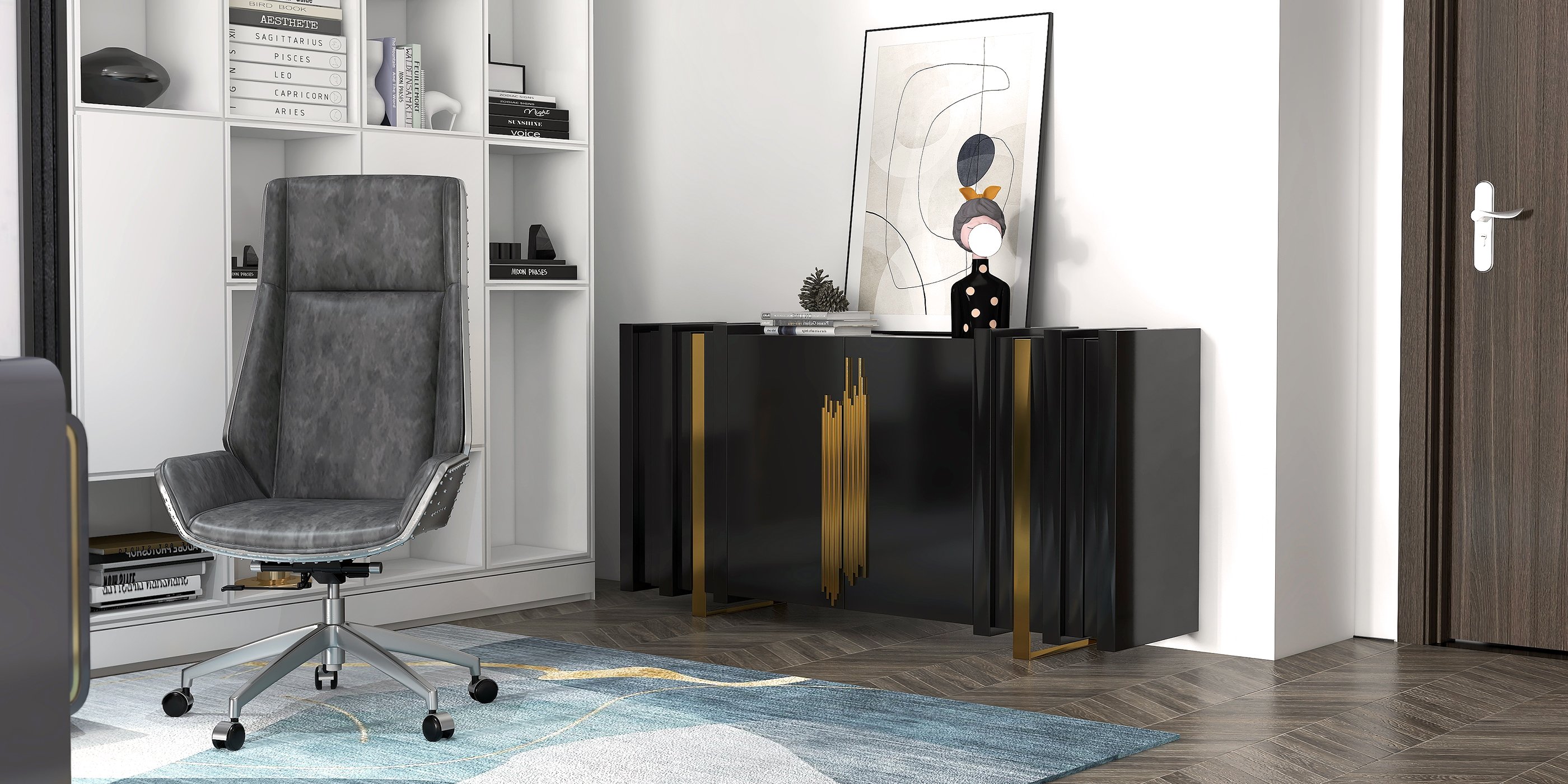 HMR Aurea Series 63" Rectangular Sideboard Buffet with 2 Doors & 2 Shelves - Black/Gold