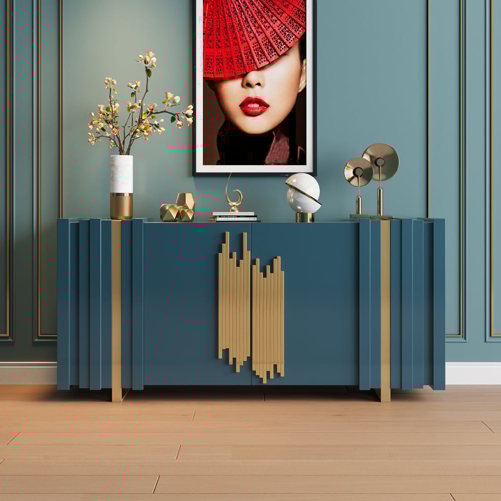 HMR Aurea Series 63" Rectangular Sideboard Buffet with 2 Doors & 2 Shelves - Gold/Gold