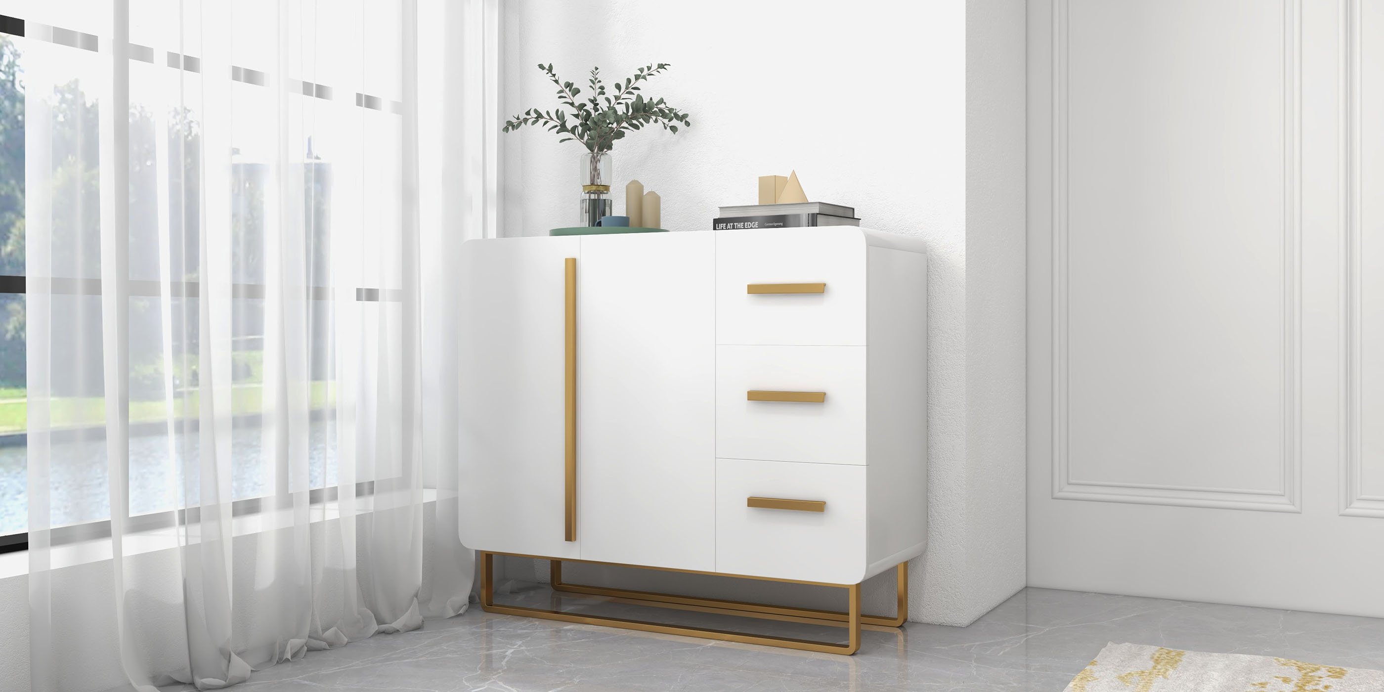 HMR - Nordic Buffet with Doors and Drawers and Adjustable Shelf in Small in White, 41.3"W