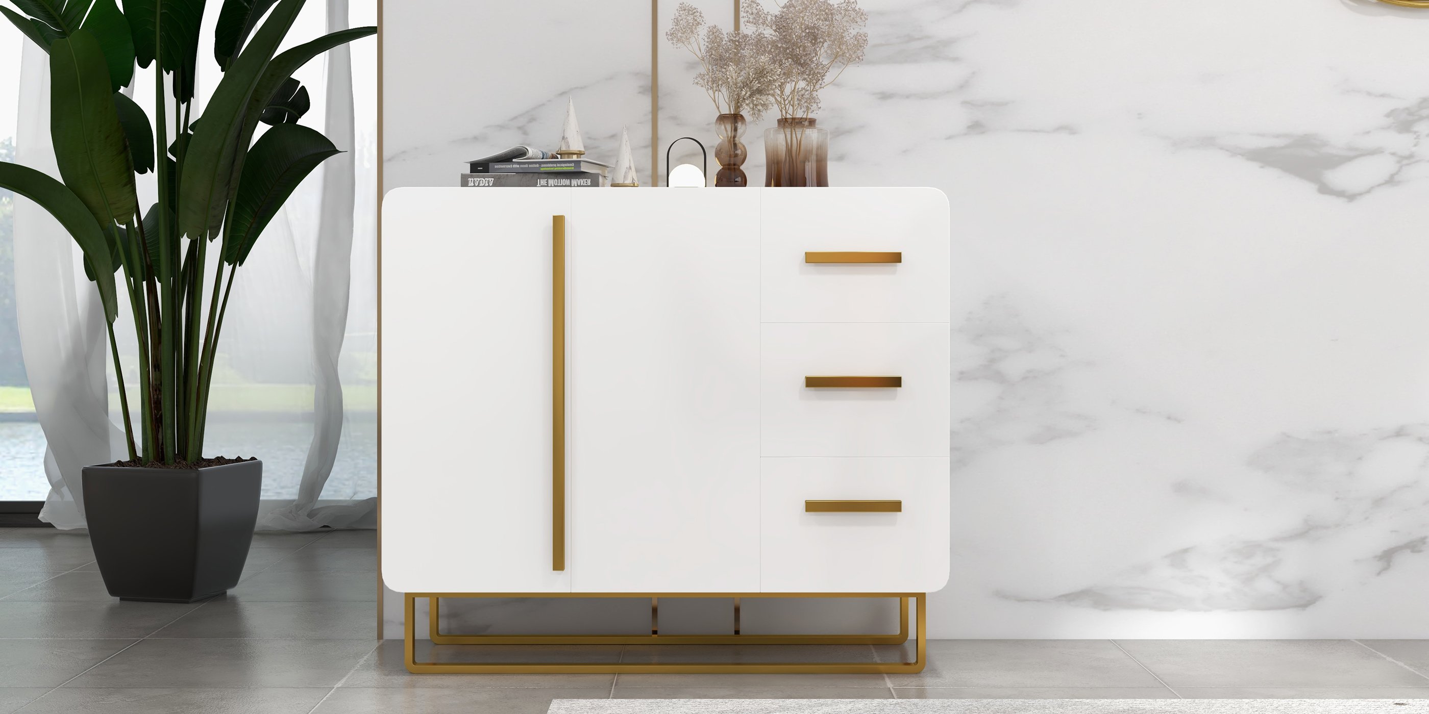 HMR - Nordic Buffet with Doors and Drawers and Adjustable Shelf in Small in White, 41.3"W