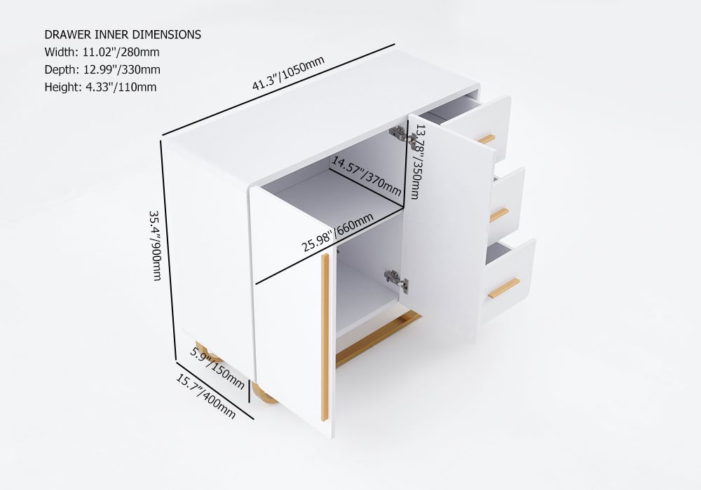 HMR - Nordic Buffet with Doors and Drawers and Adjustable Shelf in Small in White, 41.3"W