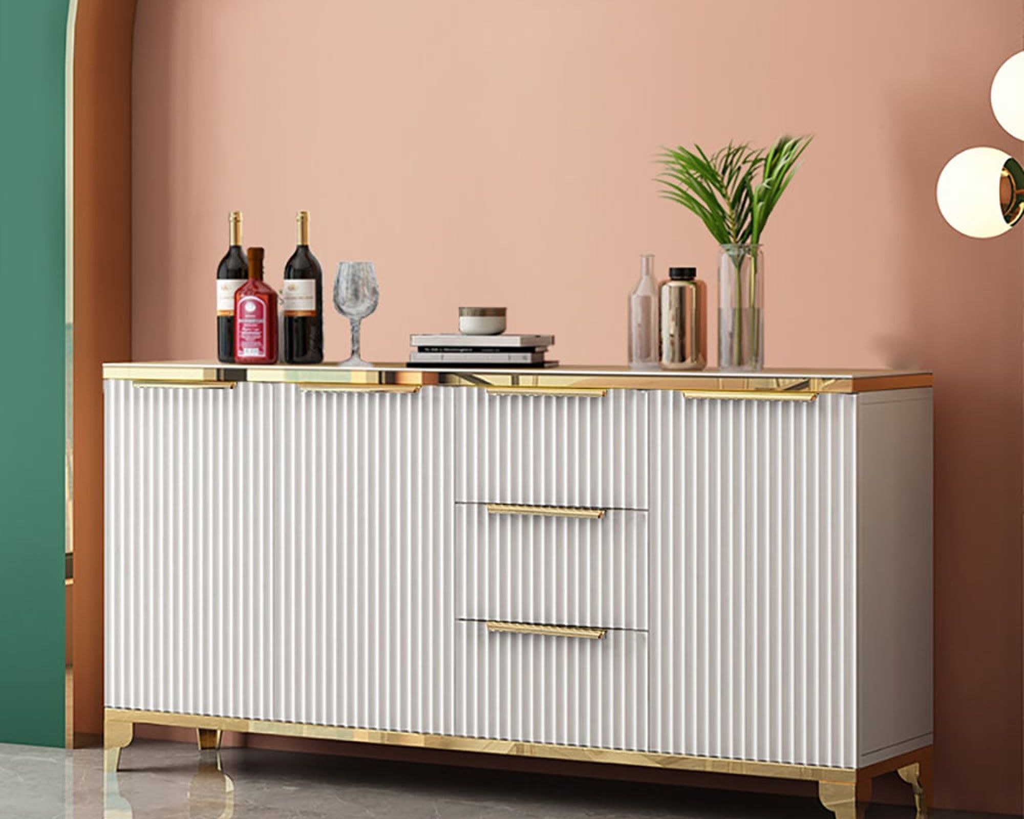 HMR - Sideboard with Tempered Glass Top and 3 Drawers 63" in 63"W