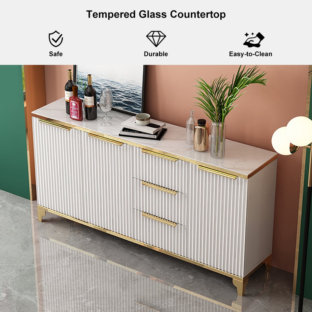 HMR - Sideboard with Tempered Glass Top and 3 Drawers 63" in 63"W
