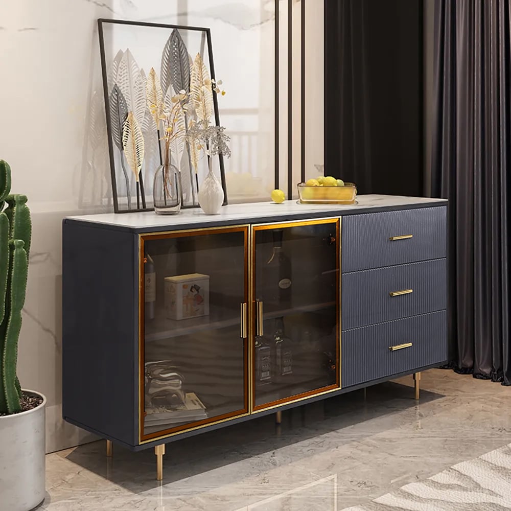 HMR Cofab Sideboard Sintered Stone Top Luxury Buffet Tempered Glass Doors - Blue, 59"