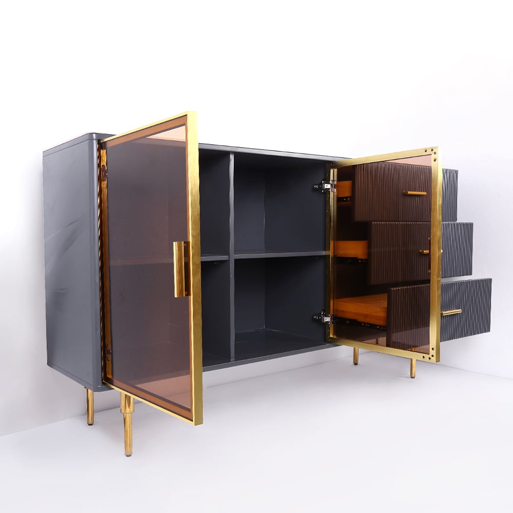 HMR Cofab Sideboard Sintered Stone Top Luxury Buffet Tempered Glass Doors - Blue, 59"
