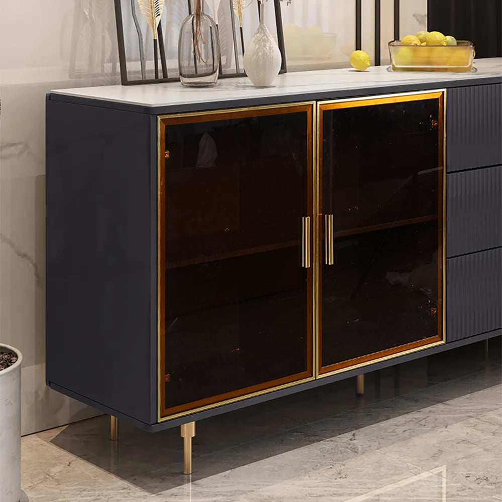 HMR Cofab Sideboard Sintered Stone Top Luxury Buffet Tempered Glass Doors - Blue, 59"