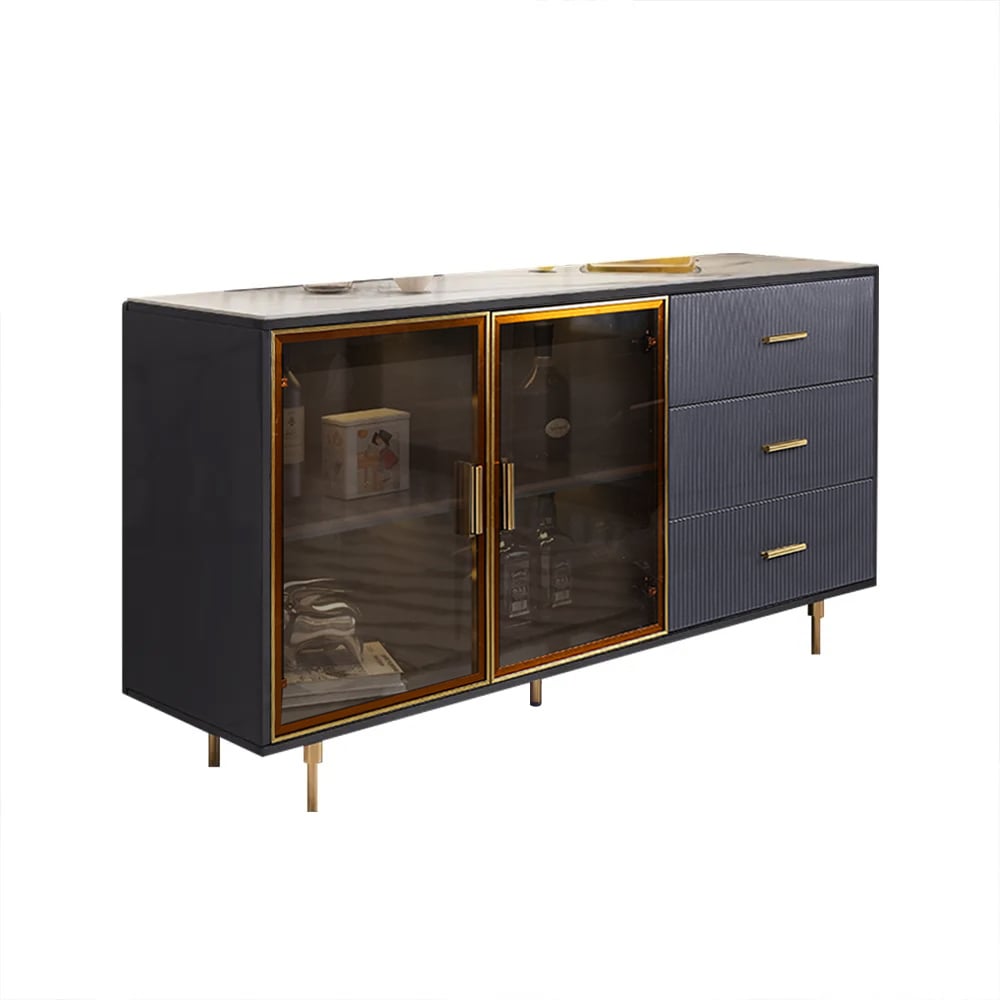 HMR Cofab Sideboard Sintered Stone Top Luxury Buffet Tempered Glass Doors - Blue, 59"