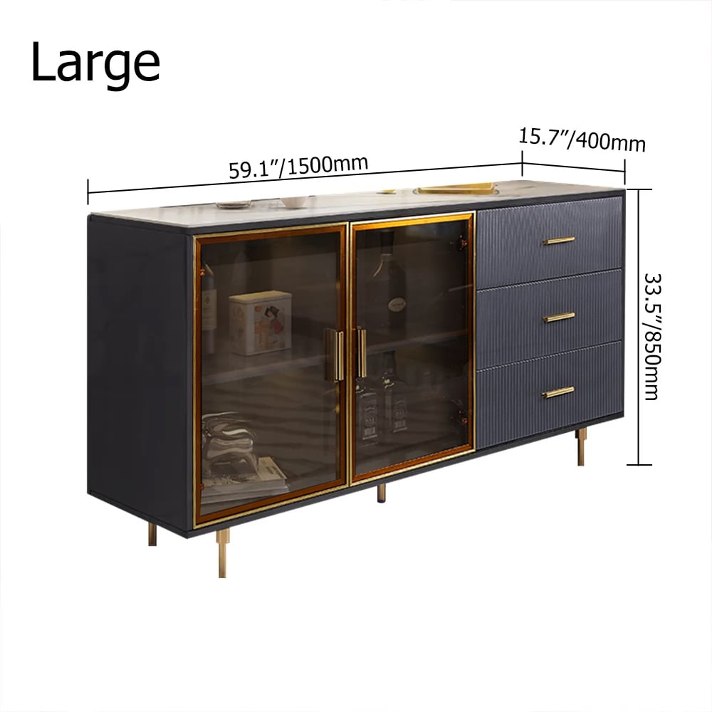 HMR Cofab Sideboard Sintered Stone Top Luxury Buffet Tempered Glass Doors - Blue, 59"