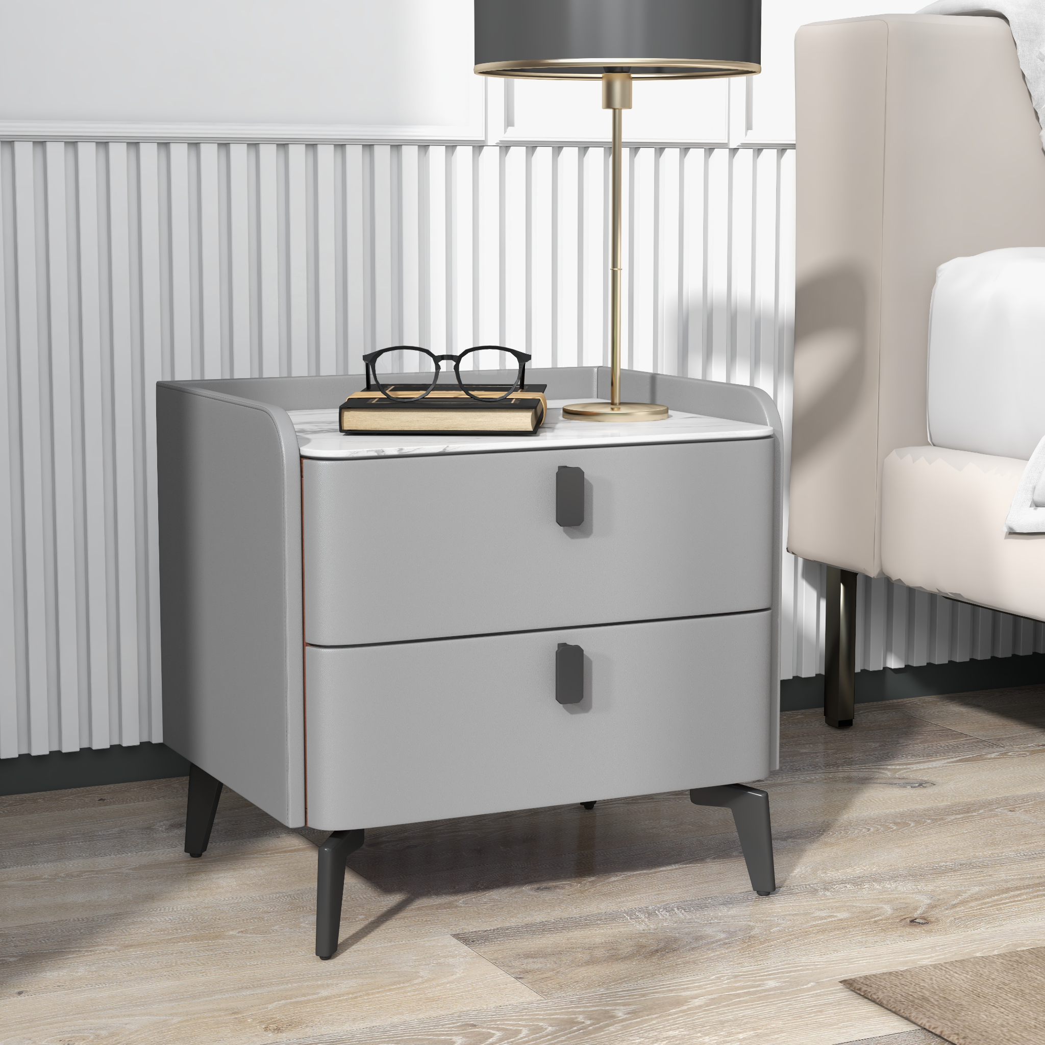 HMR Nightstand with 2-Drawer - Gray, Faux Leather