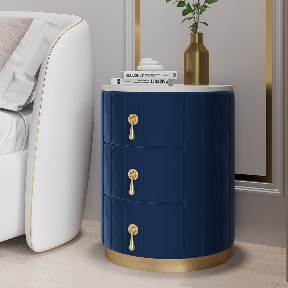 HMR 3-Drawer Round Nightstand - Blue, Velvet