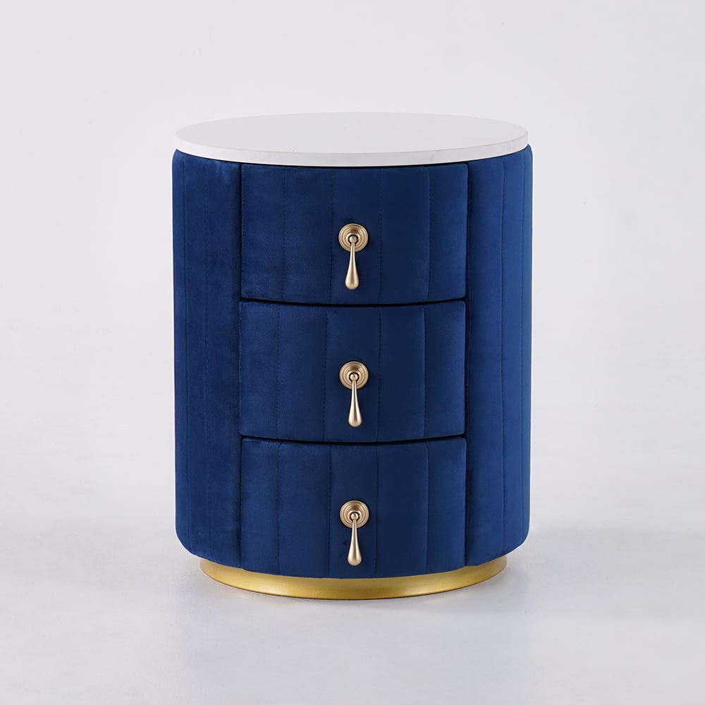 HMR 3-Drawer Round Nightstand - Blue, Velvet