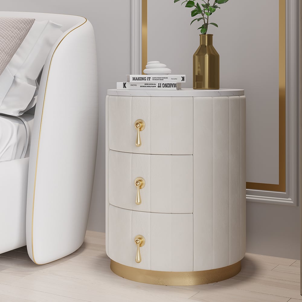 HMR 3-Drawer Round Nightstand - White, Velvet