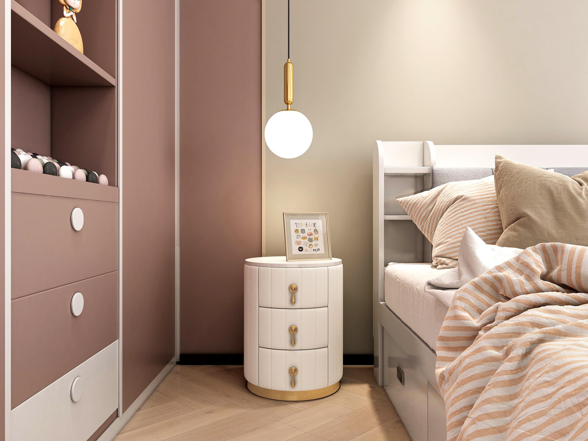 HMR 3-Drawer Round Nightstand - White, Velvet