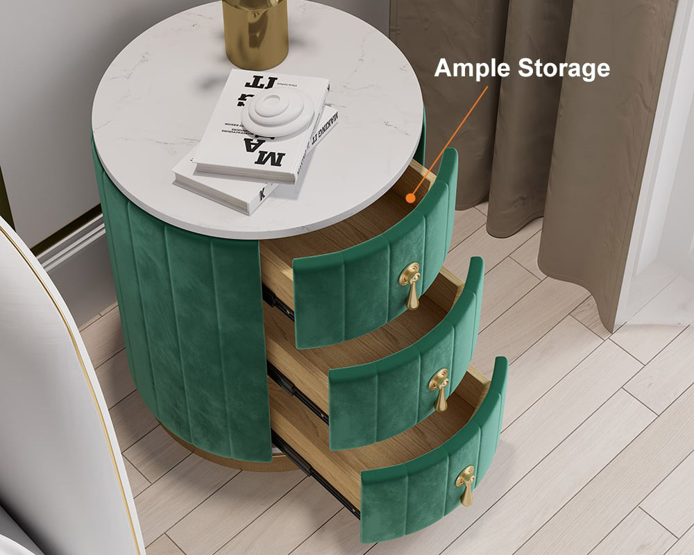 HMR 3-Drawer Round Nightstand - Green, Velvet