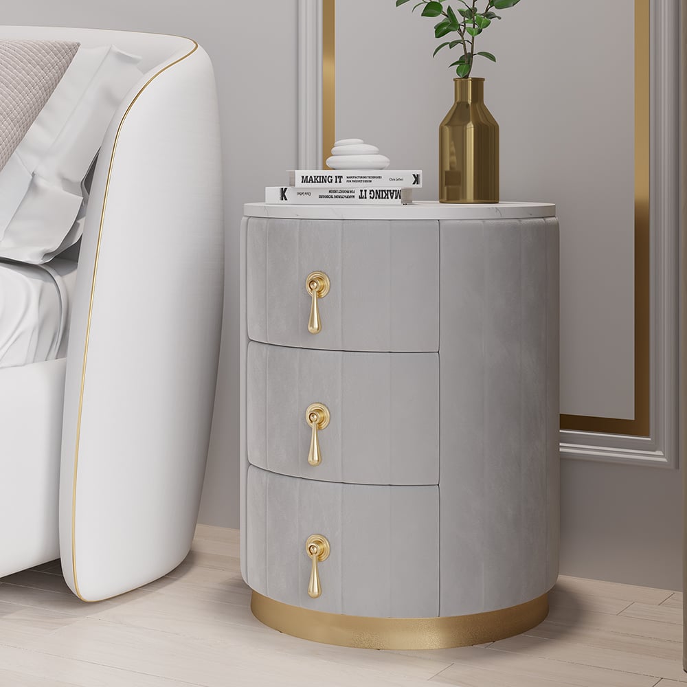 HMR 3-Drawer Round Nightstand - Gray, Velvet