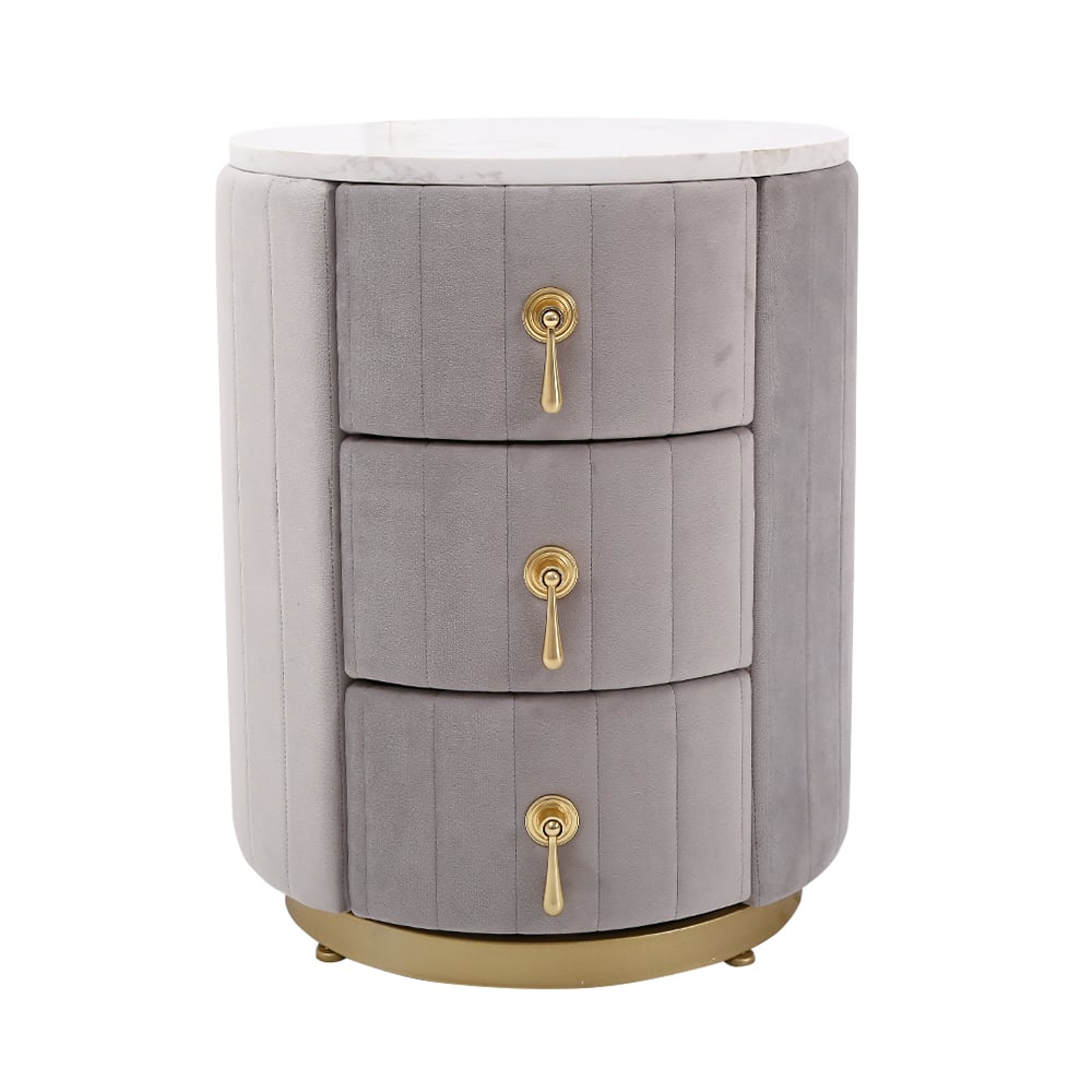 HMR 3-Drawer Round Nightstand - Gray, Velvet