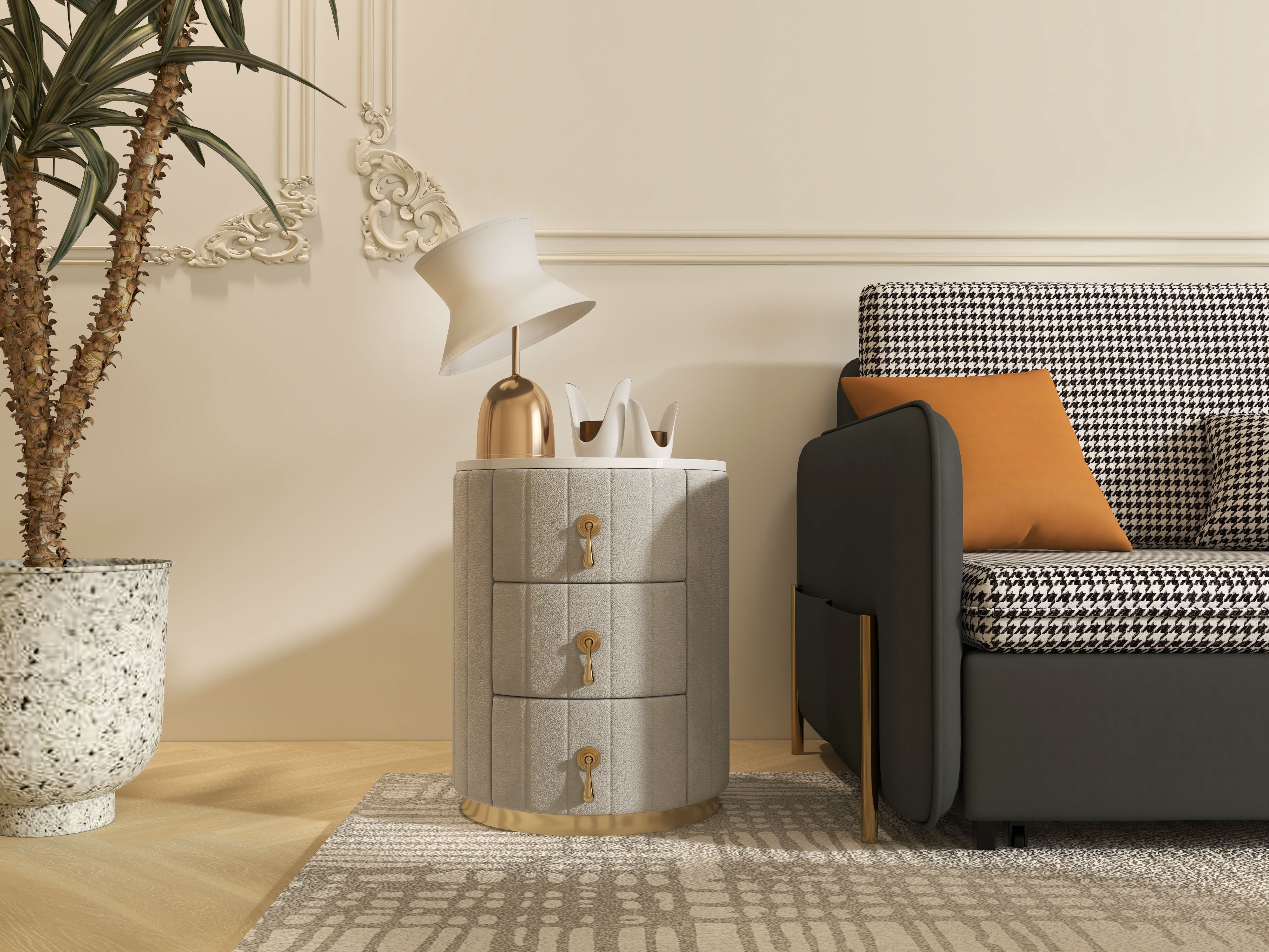 HMR 3-Drawer Round Nightstand - Gray, Velvet