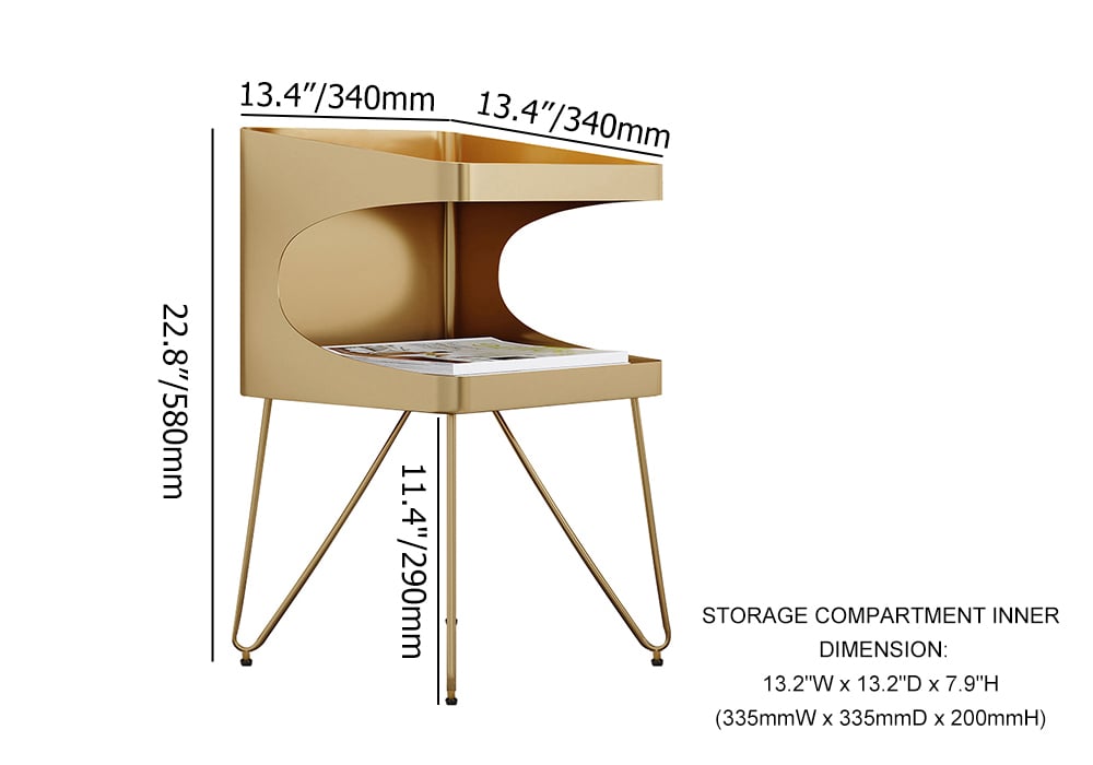 HMR Modern Open Nightstand with 2 Shelves - Gold