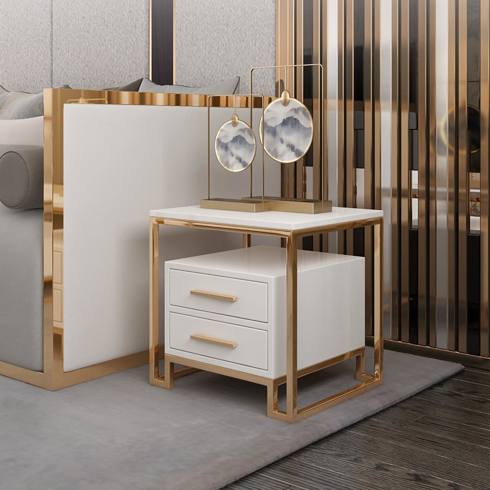 HMR - Side Table with Two-Drawer End Table Stainless Steel in Gold in White